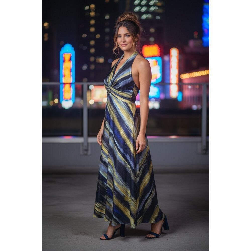 Vince Camuto Abstract Stripe Halter Maxi Dress Twist Gown Navy Blue Yellow Sz 14
